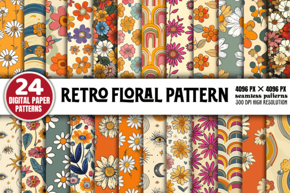 70s Retro Floral Digital Paper Patterns_ EzyD