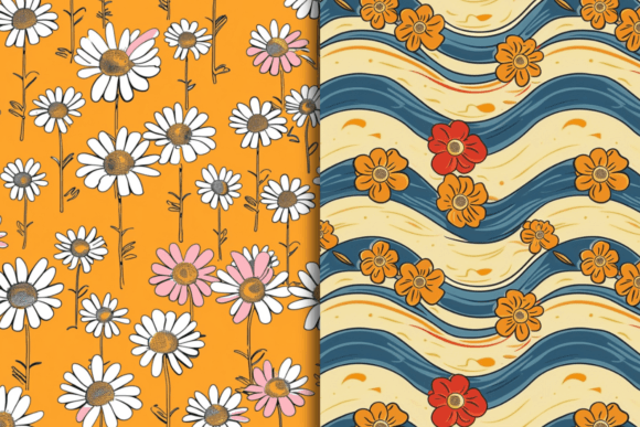 70s Retro Floral Digital Paper Patterns_ EzyD