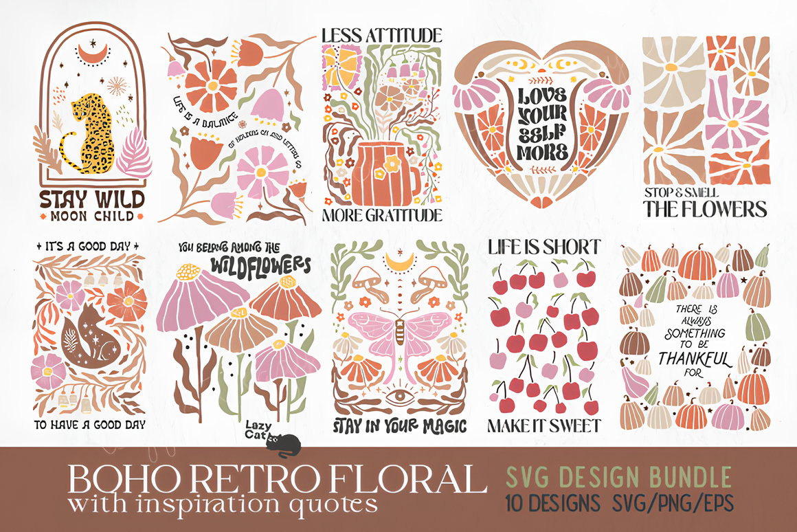 Boho Retro Flowers SVG PNG Bundle_ EzyD