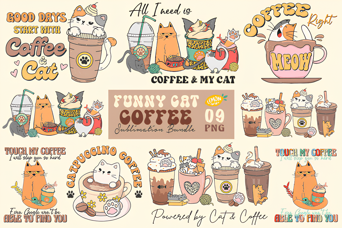 Funny Cat Coffee PNG Sublimation Bundle_ EzyD