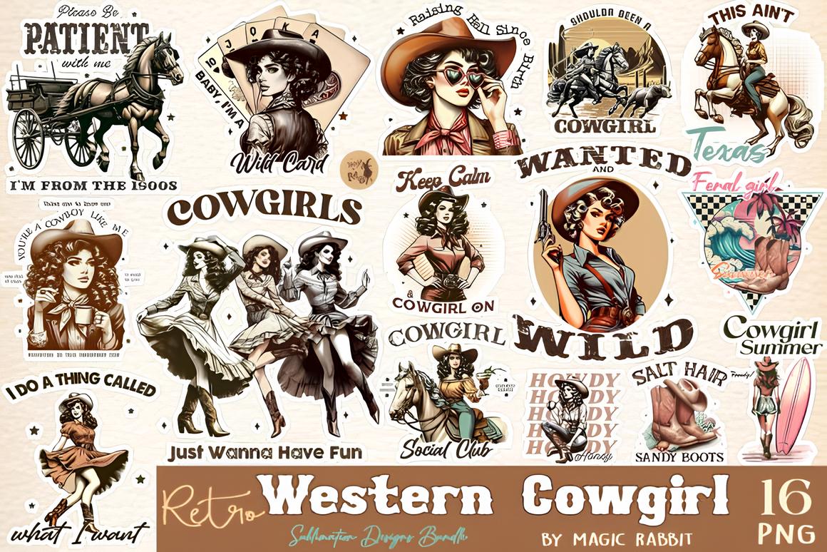 Retro Western Cowgirl PNG Bundle_ EzyD