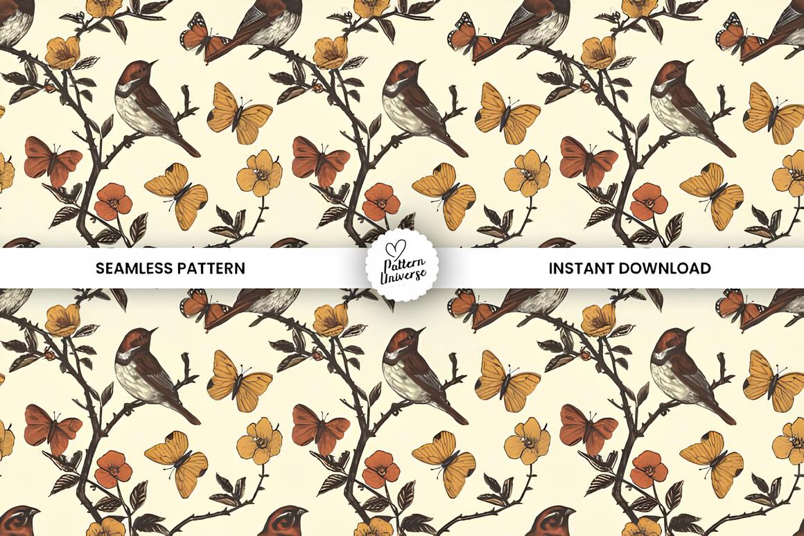 Vintage Bird & Butterflies Digital Paper_ EzyD