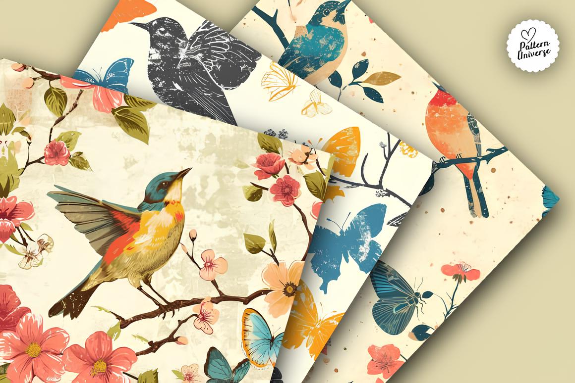 Vintage Bird & Butterflies Digital Paper_ EzyD