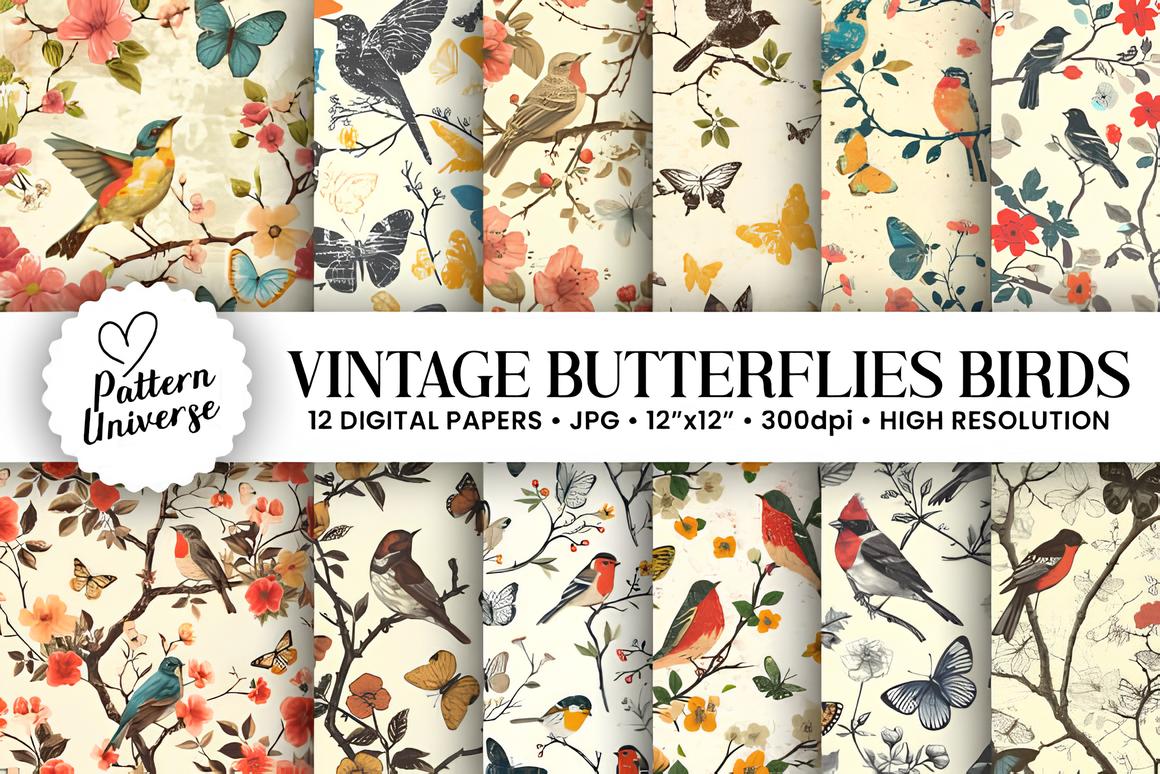 Vintage Bird & Butterflies Digital Paper_ EzyD